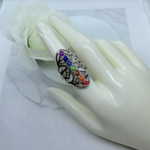 Zen Multicolored  Stone Silver Ring - Picture 9 of 10